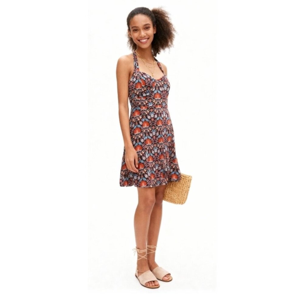 Free People Halter Floral Backless Mini Dress Size Large Multicolor Viscose Boho